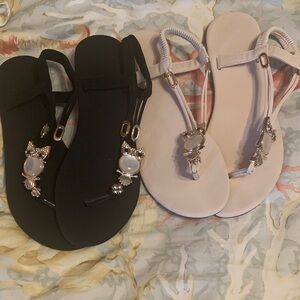 Cute pair of sandals with owl accessory (one black and one cream pair)